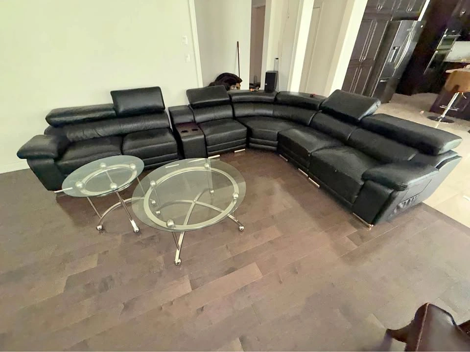 Massive Black Leather Sectional Sofa + 2 Glass Coffee Tables