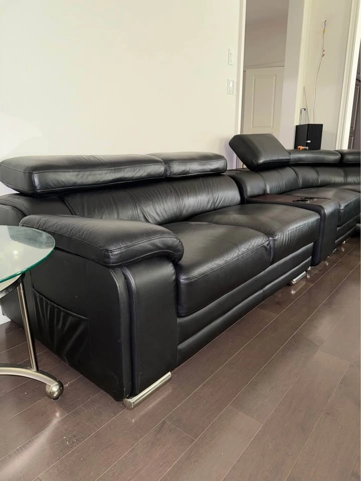 Massive Black Leather Sectional Sofa + 2 Glass Coffee Tables - photo 2