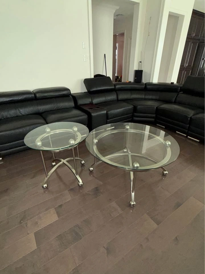 Massive Black Leather Sectional Sofa + 2 Glass Coffee Tables - photo 3