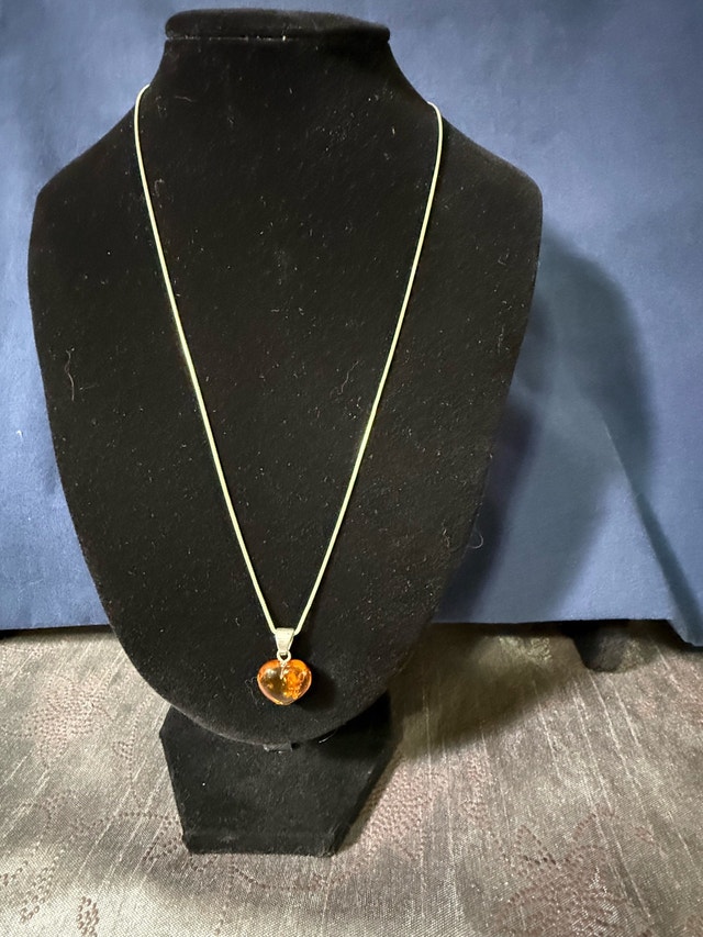 Baltic Amber Heart Pendant & Sterling Silver Chain 20"