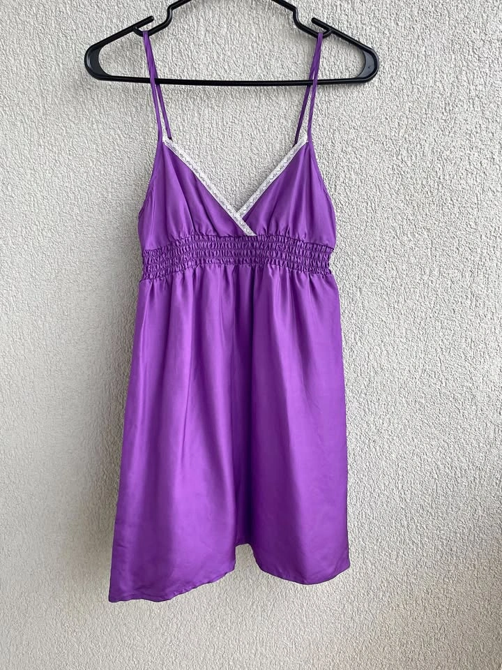100% Silk Slip Dress Purple, Size S | Lace Trim, Adjustable Stra