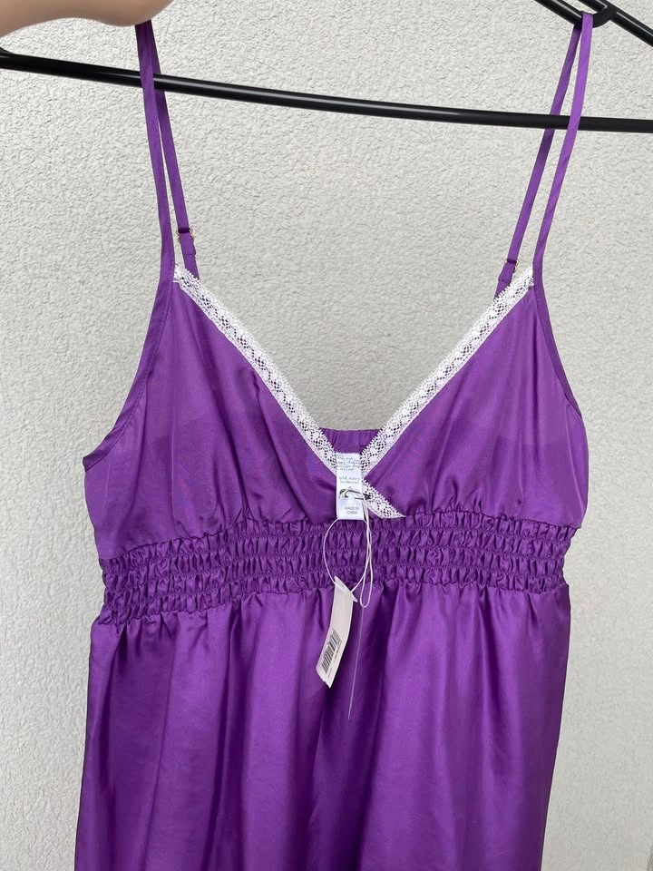 100% Silk Slip Dress Purple, Size S | Lace Trim, Adjustable Stra - photo 2