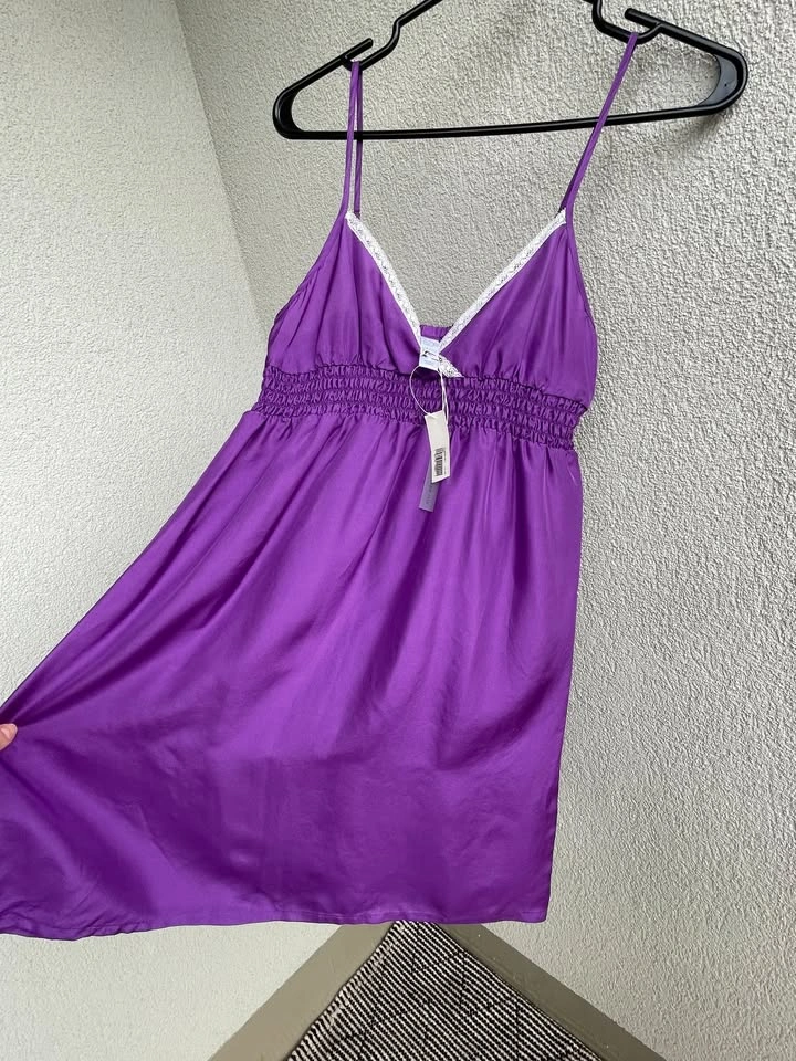 100% Silk Slip Dress Purple, Size S | Lace Trim, Adjustable Stra - photo 3
