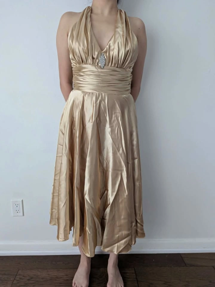 NEW - Gold satin halter dress