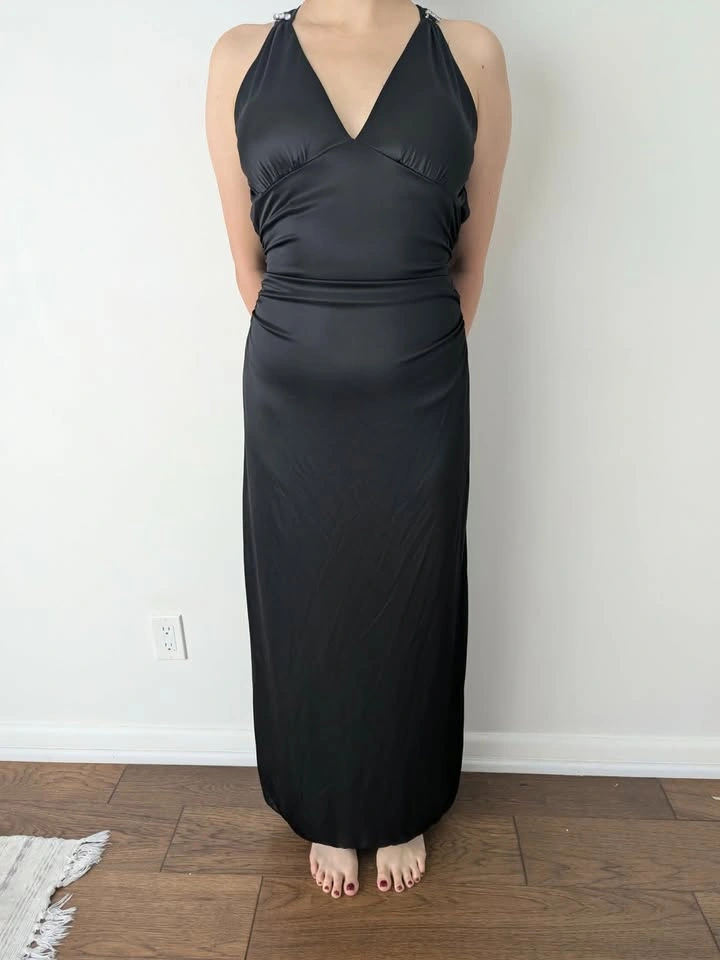NEW Black Satin Halter Dress - Size L - photo 2