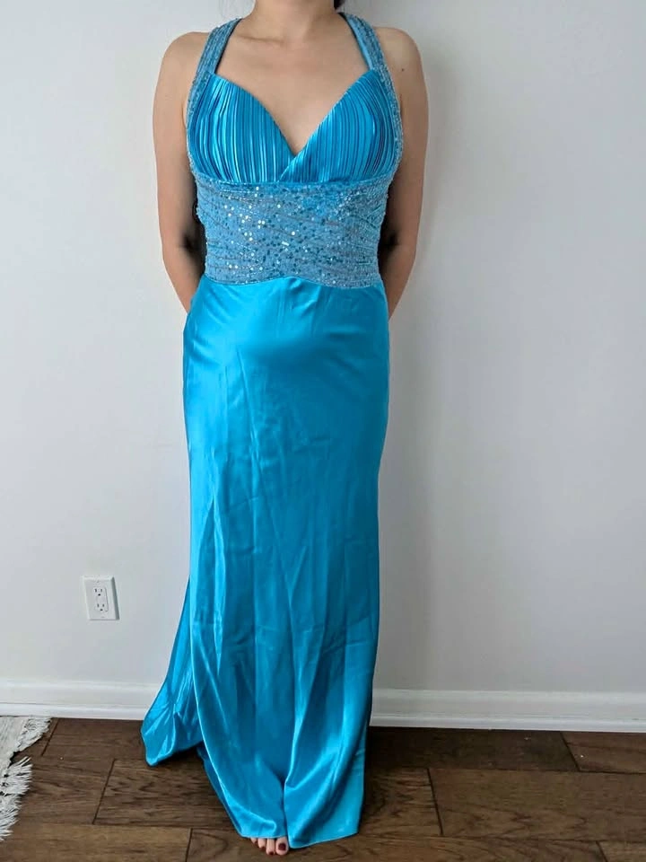 NEW - Turquoise Satin Beaded Dress