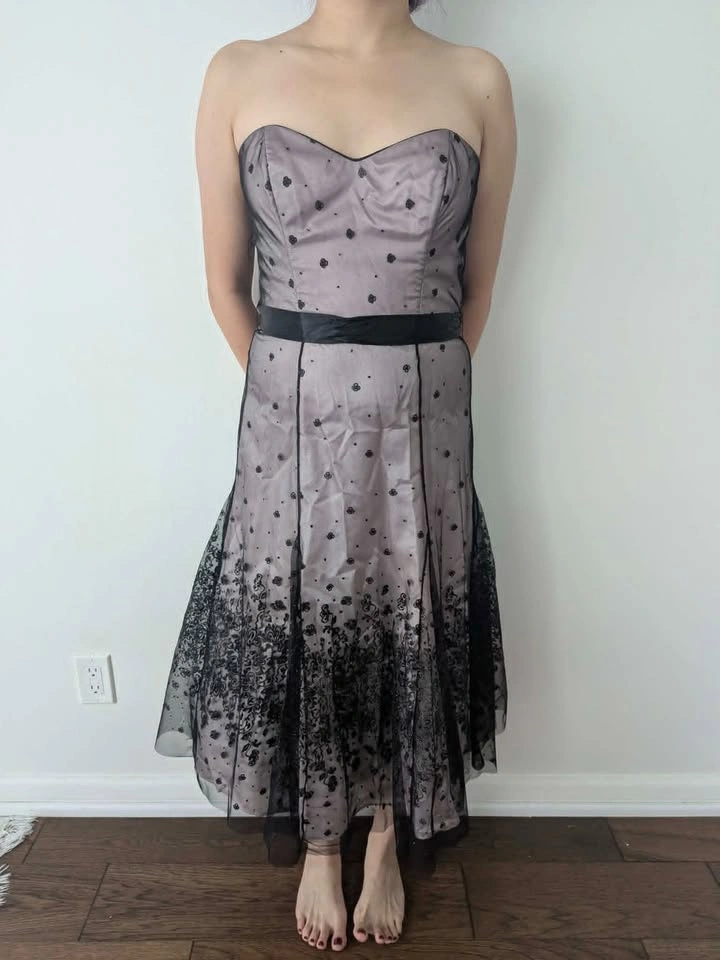 NEW - Satin Dress with Black Glitter, Embroidery & Lace