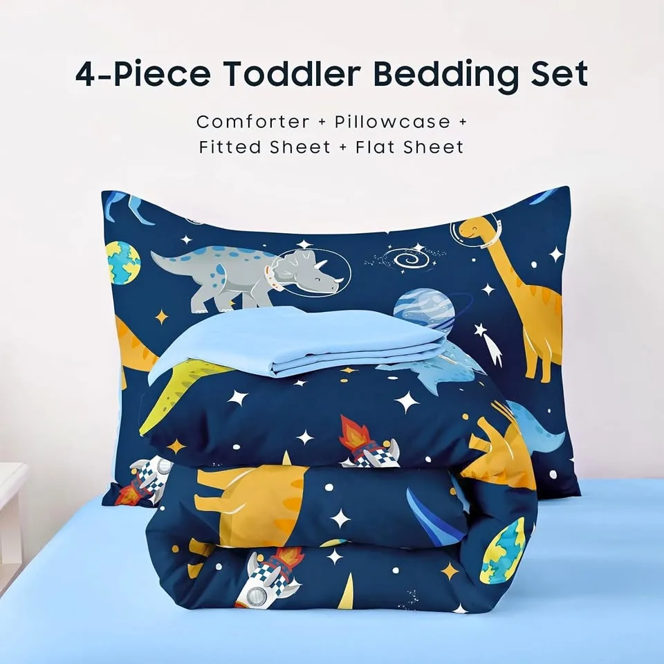 New~Soft Toddler Bed Set, Dino Astronauts(4 PC Set) thumbnail