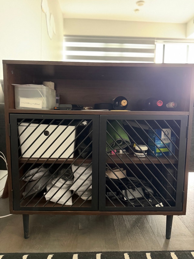Wood Cabinet with Black Lattice Doors