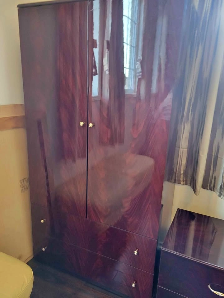 Cherry Wood Bedroom Set - Wardrobe & 6-Drawer Dresser w/ Mirror