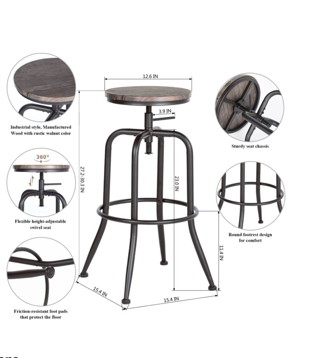 Adjustable Bar Stools Set of 2 - Solid Wood Seat - photo 4
