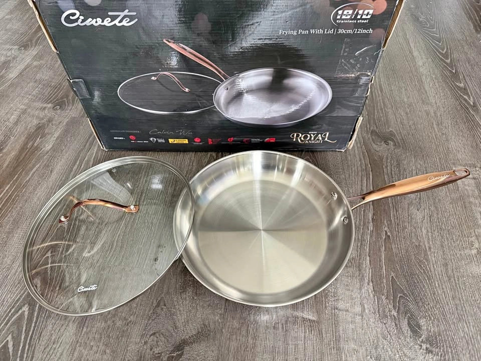 Good Deal New- 12 Inch Tri-Ply Stainless Steel Frying Pan with L