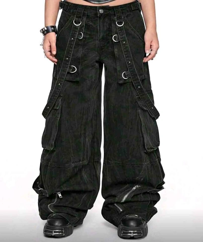 Black Wide Leg Cargo Pants D-Rings Straps