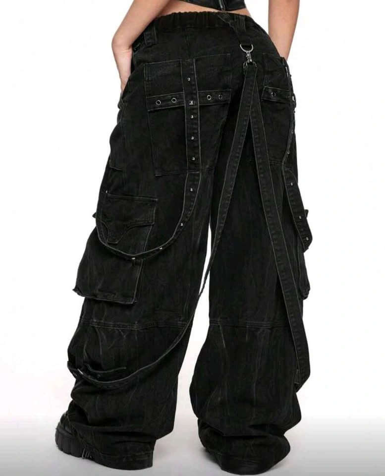 Black Wide Leg Cargo Pants D-Rings Straps - photo 2