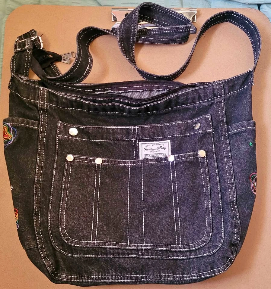 Denim Messenger Bag with Colorful Embroidery