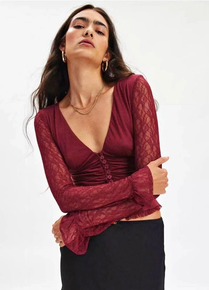 Kimchi Blue Arabella Lace Button Front Long Sleeve Top XS