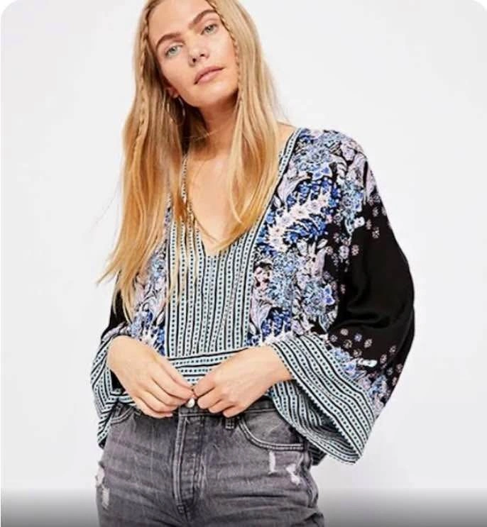 Free People Mix And Match Floral Striped Top V Neck Bell Sleeves