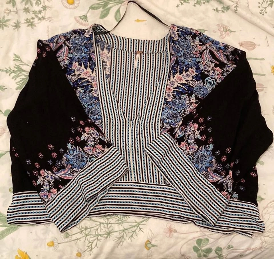 Free People Mix And Match Floral Striped Top V Neck Bell Sleeves - photo 2
