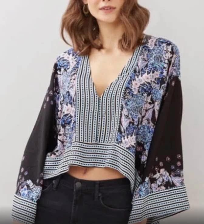 Free People Mix And Match Floral Striped Top V Neck Bell Sleeves - photo 5
