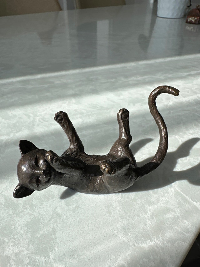 Solid Bronze Vintage Miniature Playing Cat Figurine