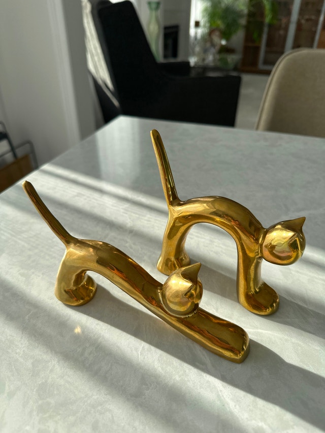 Solid brass. Vintage mid-century modern brass cat figurines.