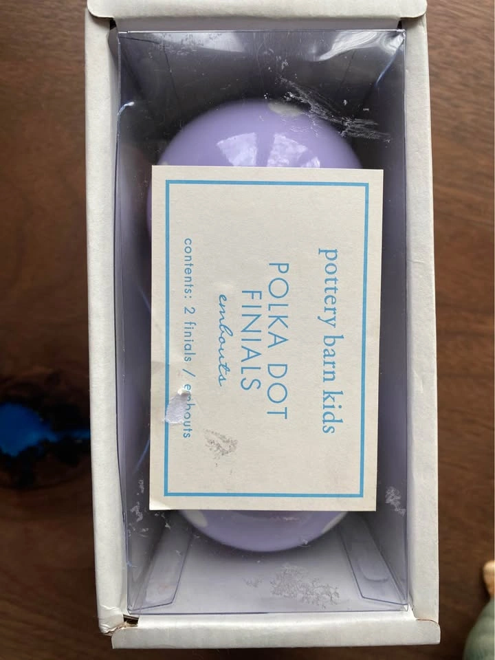 NEW Set Of Two Pottery Barn Kids Lilac Purple Polka Dot Finials - photo 4
