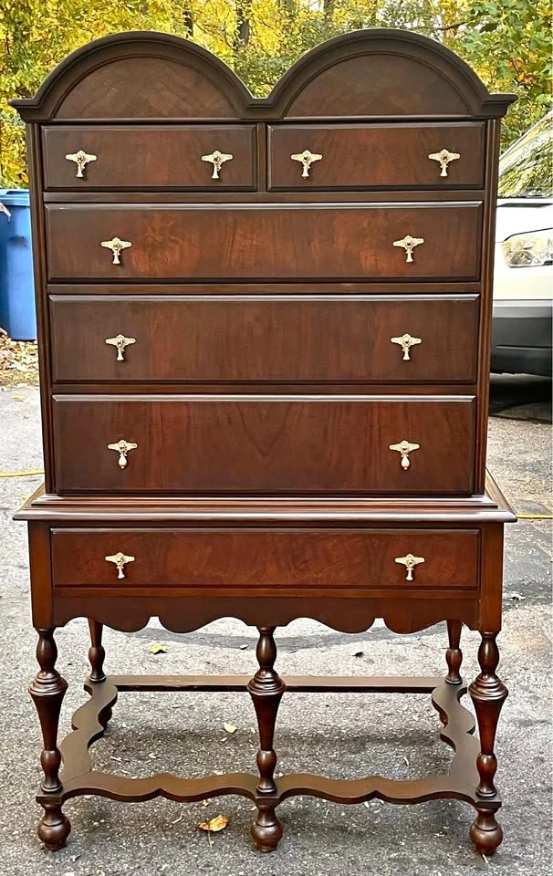 Classic Mahogany Highboy With Crowned Top & Brass Detail