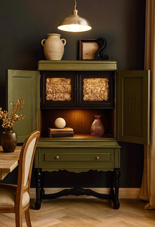 Vintage Cabinet with French Woven Panels & LED Lighting