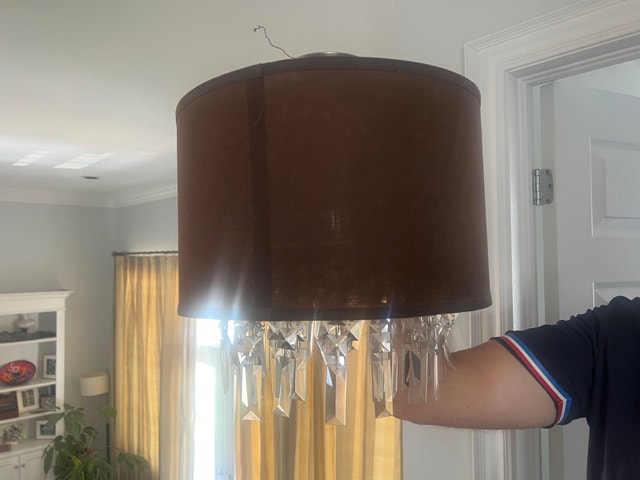 Used Chandelier with Brown Fabric Shade and Crystal Pendants