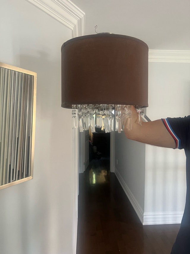 Used Chandelier with Brown Fabric Shade and Crystal Pendants - photo 2