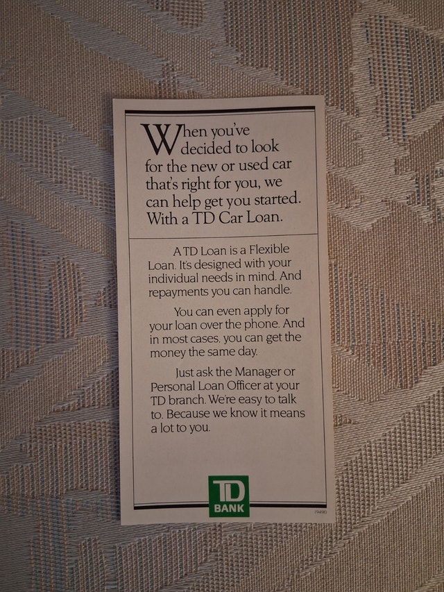 Vintage 1990 TD Bank Car Loans Advertising Flyer - photo 2
