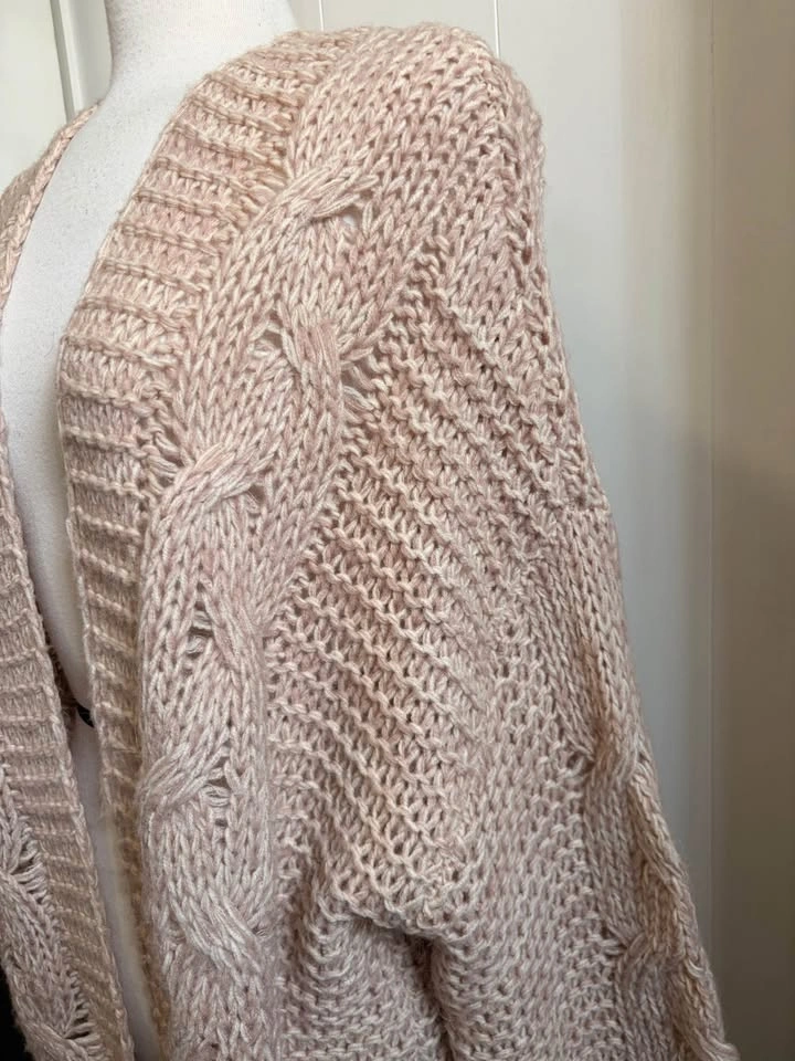Chunky Cable Knit Wool Blend Cardigan - Blush Pink - US LARGE - photo 4