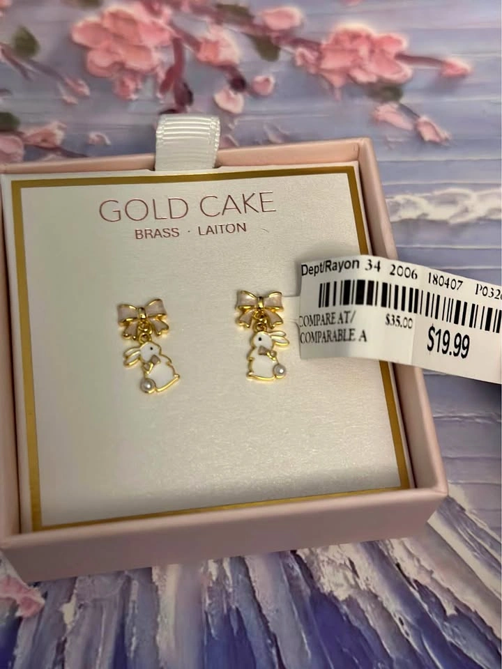 Adorable Bunny Rabbit Earrings Gold with Bow & Pearl Drop - New