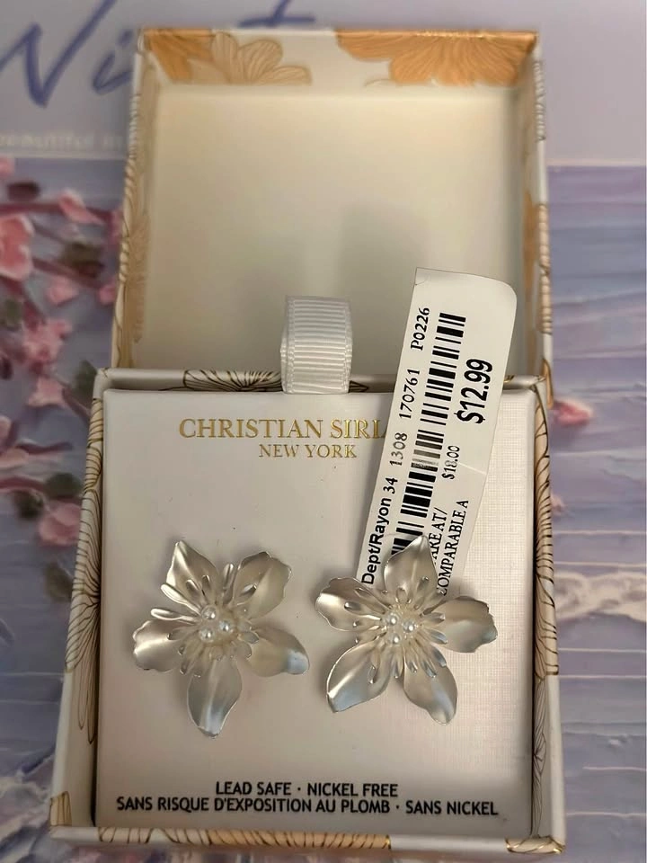 Christian Siriano Silver Floral Pearl Earrings - New in Box
