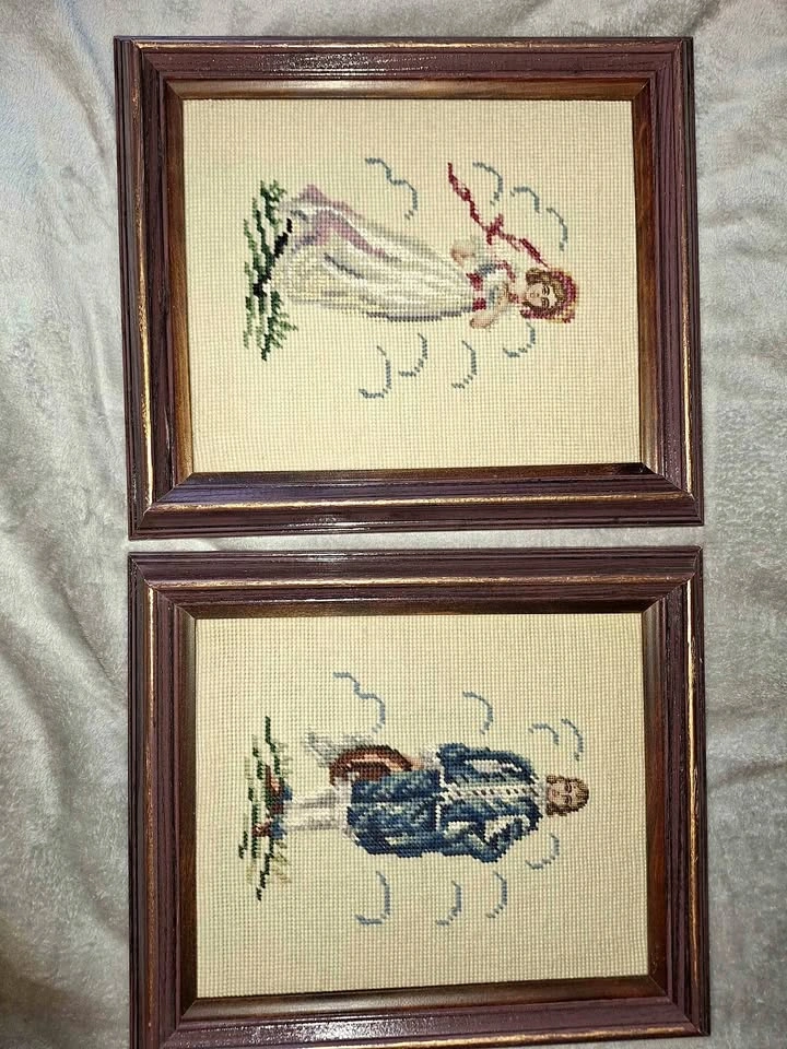 Needlepoint, cross stitch Blue boy and Pinky