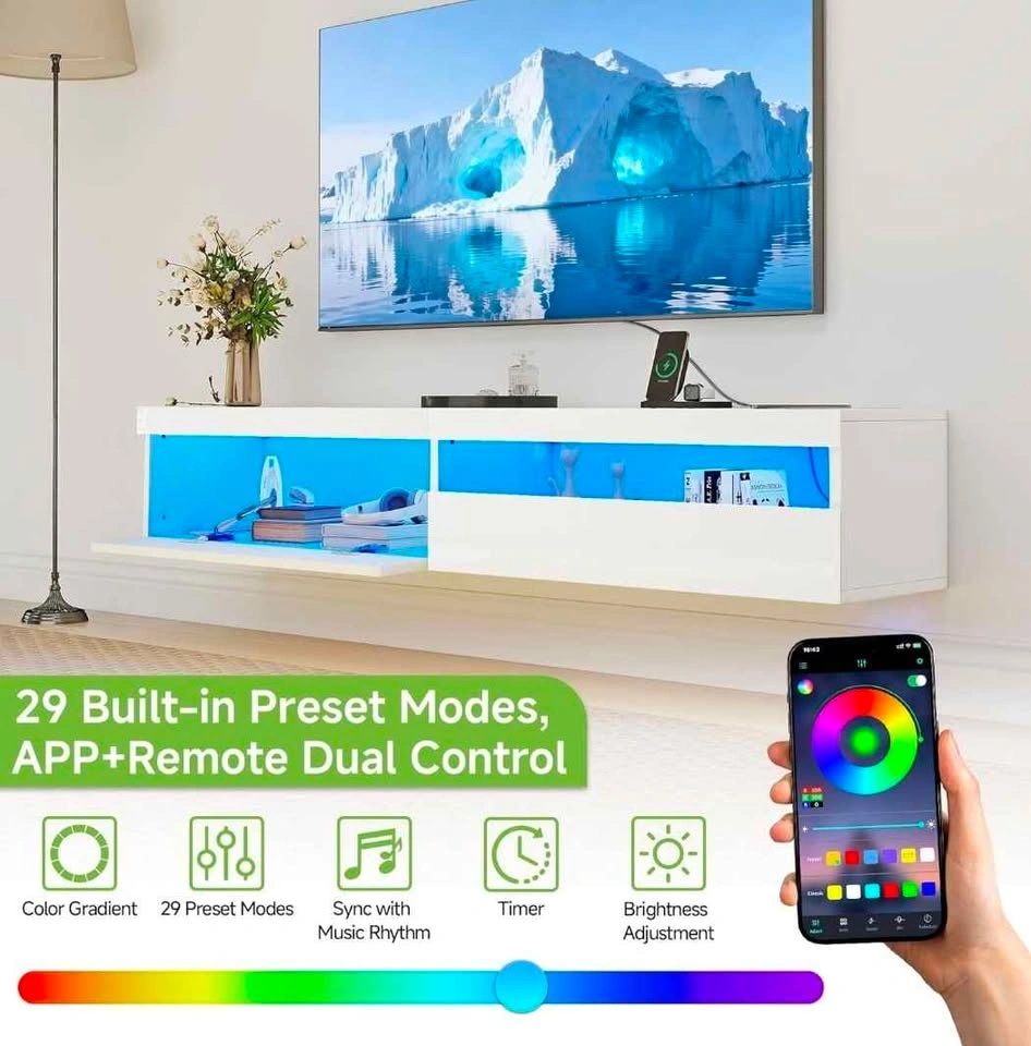 White Floating Wall Mounted TV Stand with LED Lights - photo 5