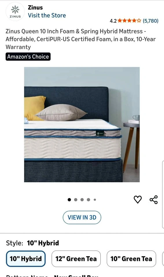 Zinus Queen 10 Inch Foam & Spring Hybrid Mattress