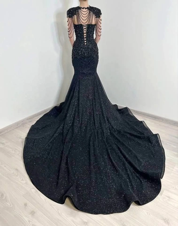 Black Beaded Mermaid Formal Gown Prom Wedding Dress