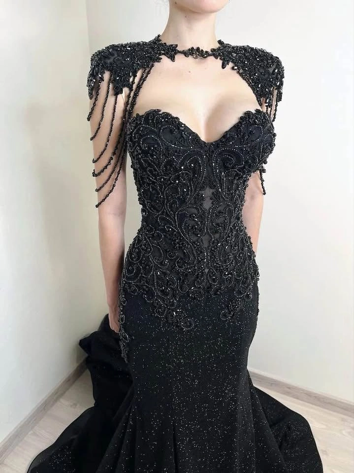 Black Beaded Mermaid Formal Gown Prom Wedding Dress - photo 2