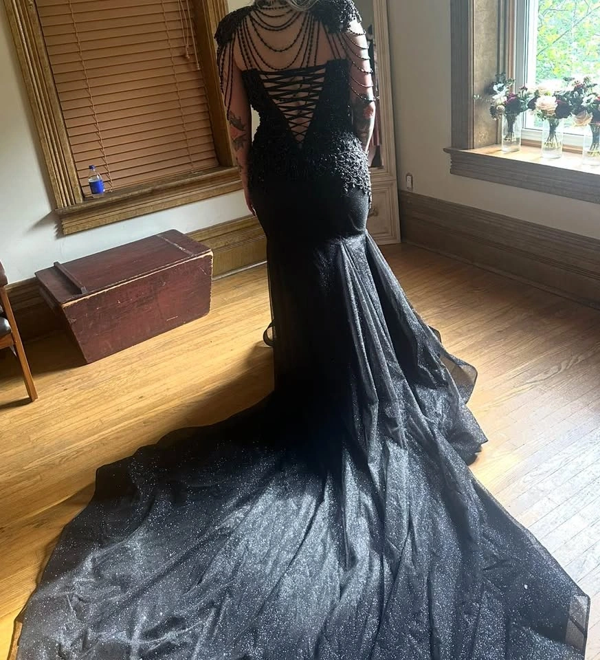 Black Beaded Mermaid Formal Gown Prom Wedding Dress - photo 4