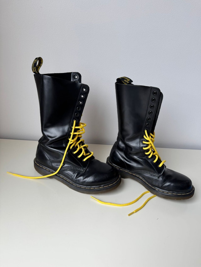 Dr. Martens Black Leather 14-eye Boots with Yellow Laces - photo 2