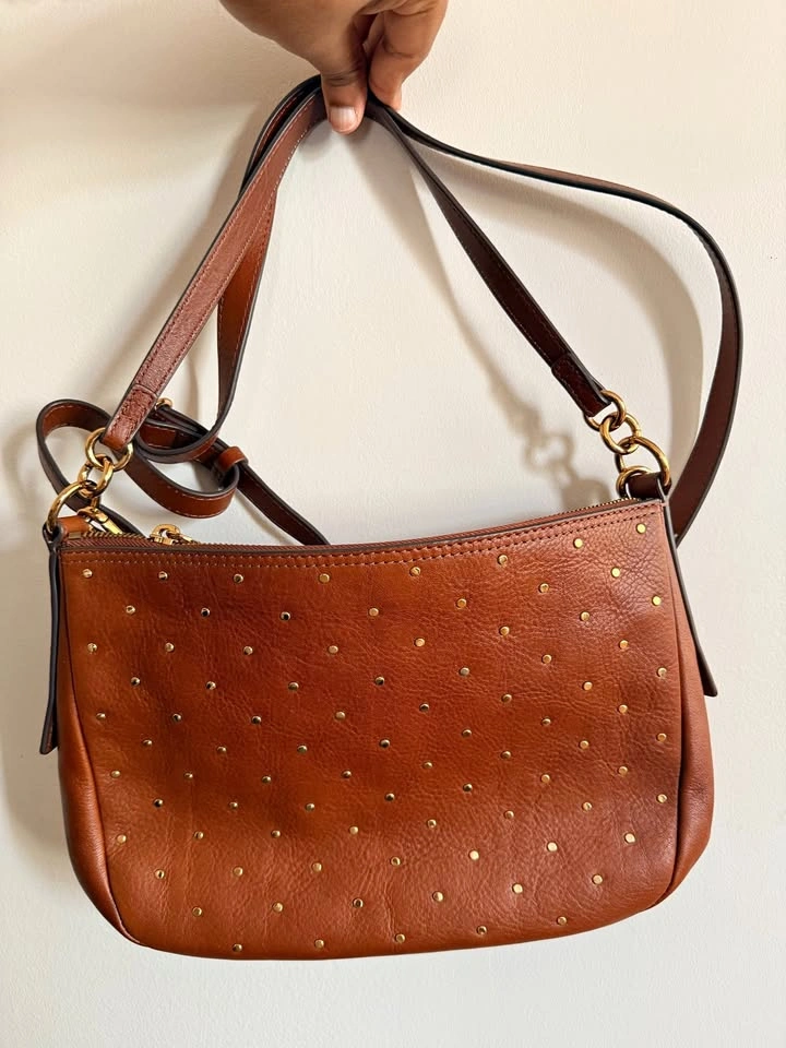 Fossil Studded Leather Crossbody Bag - Cognac Brown