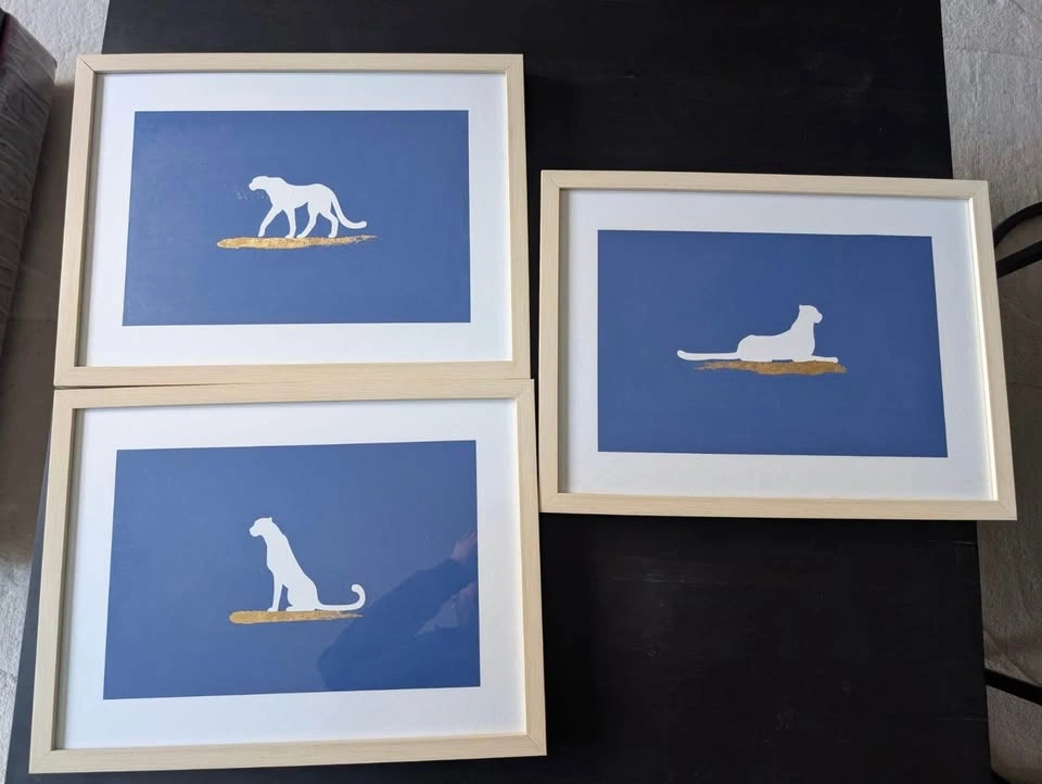 Set of 3 Minimalist Cheetah Wall Art – Blue & Gold – Framed