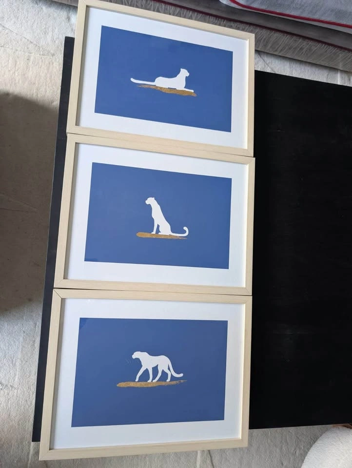 Set of 3 Minimalist Cheetah Wall Art – Blue & Gold – Framed - photo 2