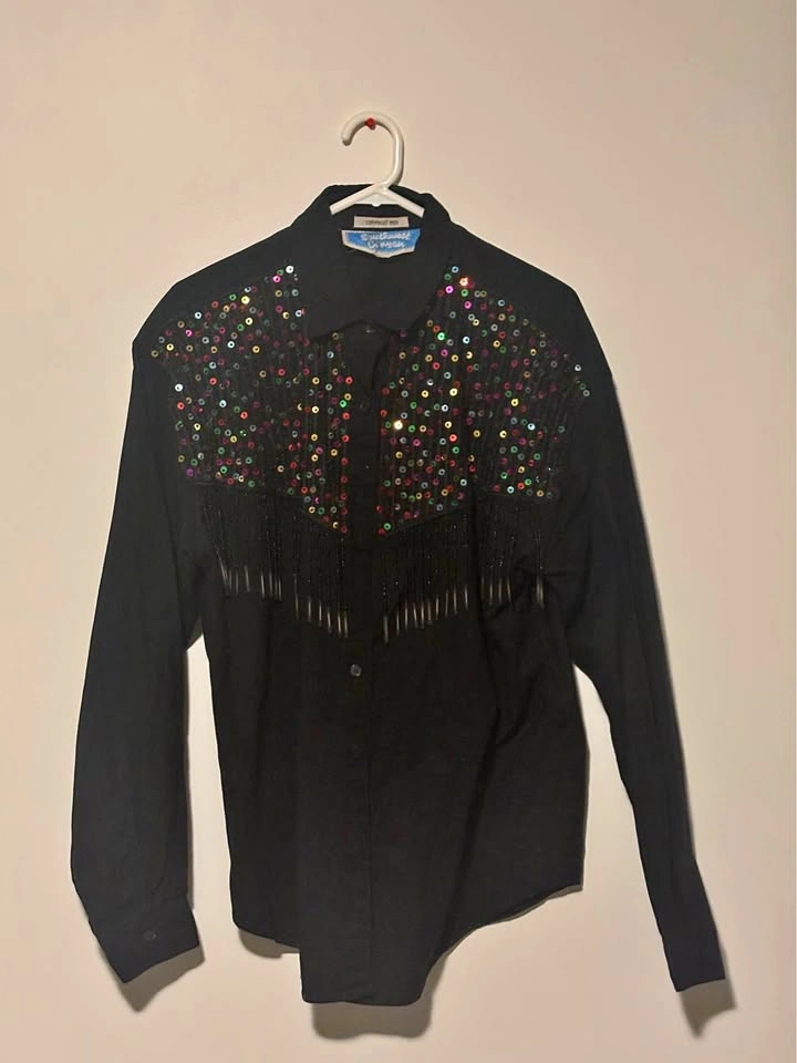Southwest Canyon Rainbow Sequin Button Down Tasseld Shirt