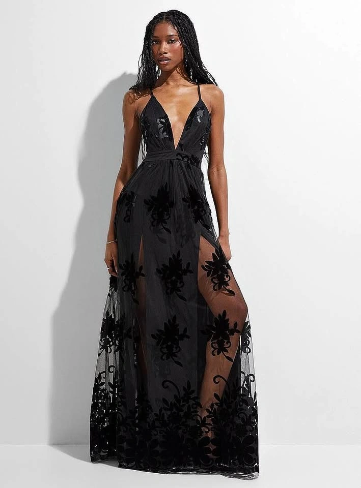Sz L Black Lace Evening Gown