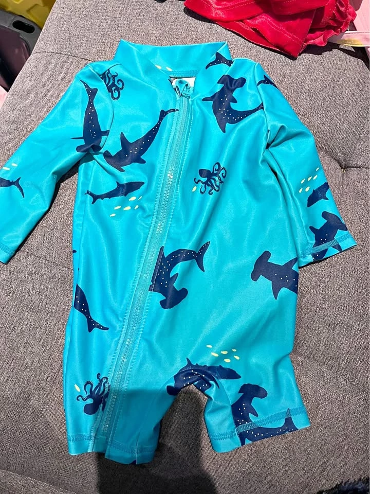 Carter's 0-3m Baby Blue Shark Octopus Print Swimsuit Rash Guard