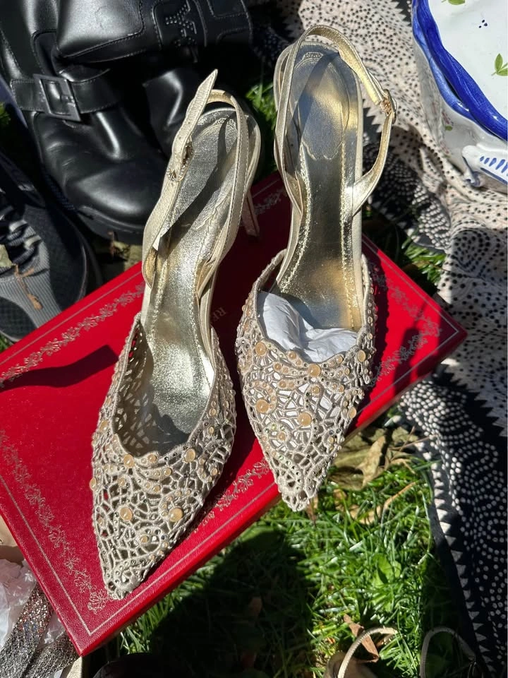 René Caovilla pearls and lace evening heels