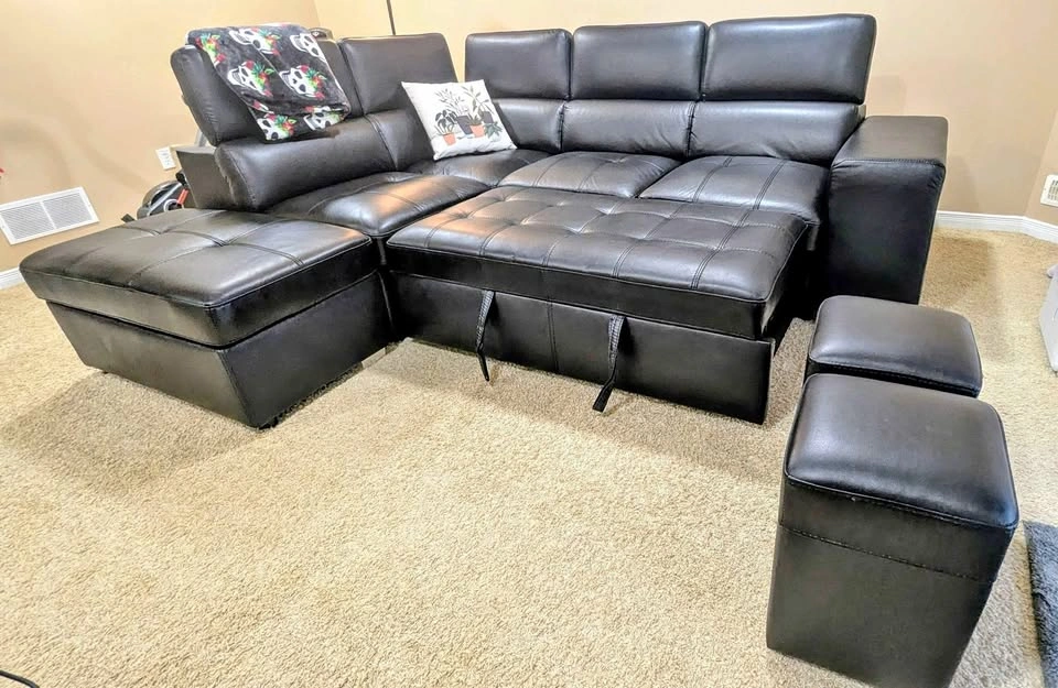 Black Sectional Sofa Bed with 2 Stools and Storage Ottoman