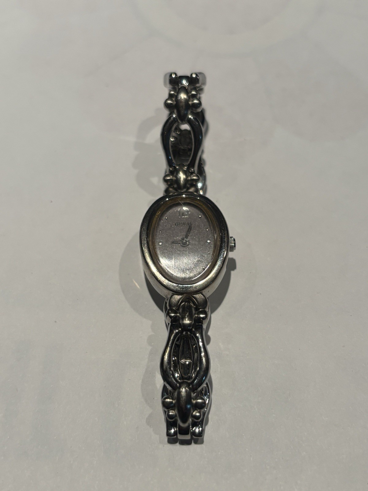 Vintage Guess Silver Tone Ornate Bracelet Watch Ladies Oval Quar